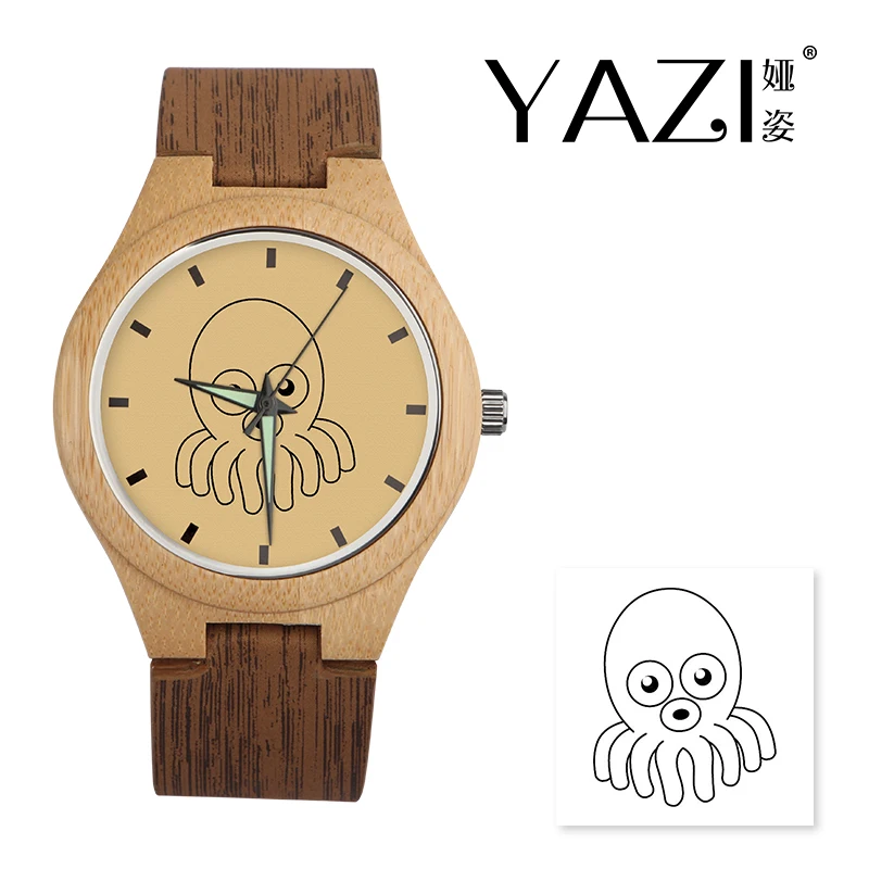 

YAZI Personalize Wooden Watch Octopus Logo Watches Natural Bamboo Wood Case Wrist Watches Wood Stripe Band Memory Gift