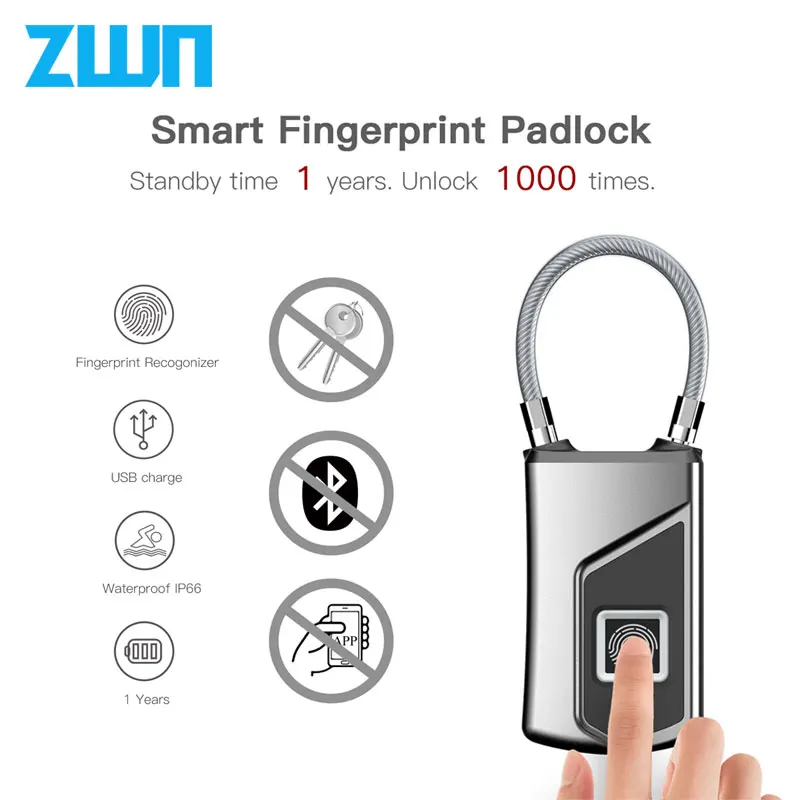ZWN New L1 Smart Biometric USB Fingerprint Padlock IP66 Waterproof Safe