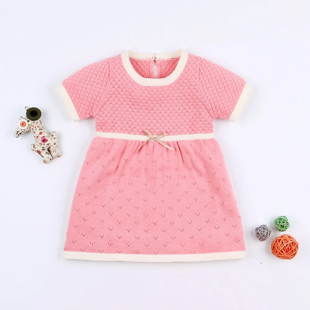 Вязаные платья для маленьких девочек; модное летнее праздничное платье с короткими рукавами для новорожденных; розовое платье трапециевидной формы для малышей; vestidos; костюм