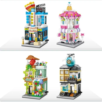 

Funny City street view building bricks perfume flower wedding dress shop movie theater mini blocks educational toys collection