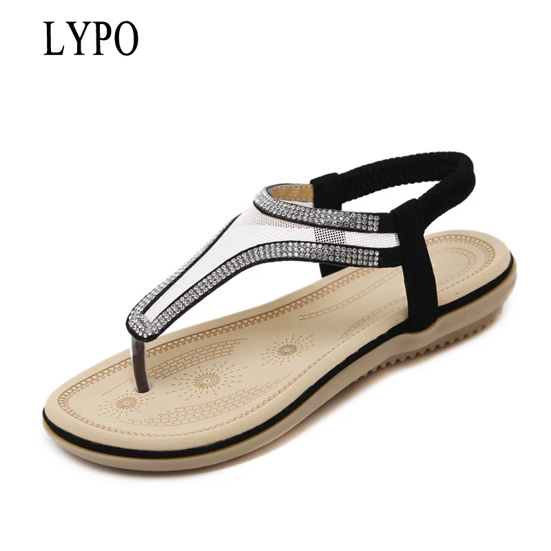 

LYPO 2018 summer sandals rhinestone gauze Bohemia women's shoes big size 35-42 clip toe beach shoes