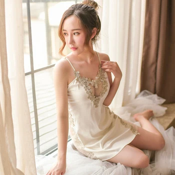 

Summer Sexy Women's Nightdress Spaghetti Strap V-neck Floral Embroidery Hollow Out Women Nightdress Lace Dress Sexy Sleepwear