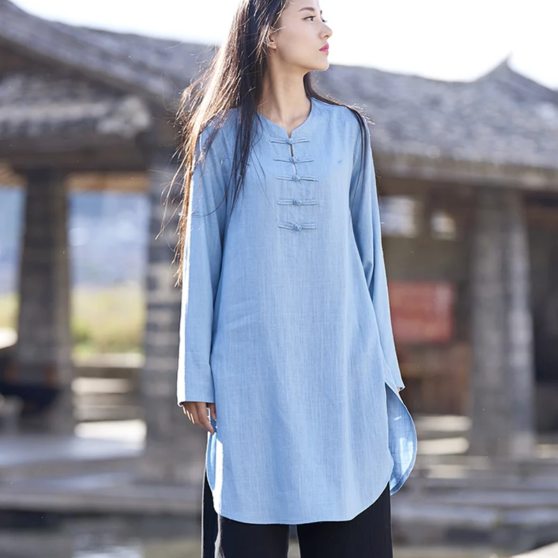 

Chinese style Long sleeve Cotton Linen Women Long Blouse Shirt Vintage Original Design Casual Shirt Solid Women Tops Blusas B171
