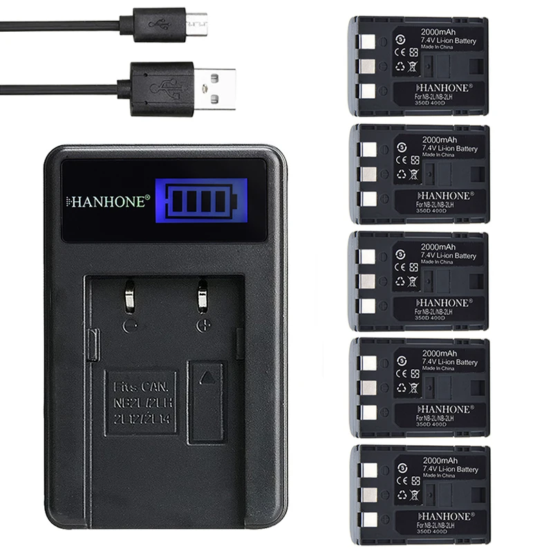 5 шт. 2000 мА/ч, NB-2L NB-2LH цифровой Камера Батарея+ USB Зарядное устройство для Canon Rebel XT XTi 350D 400D S80 L10 S70 S30 G9 S60 G7 S80 S50