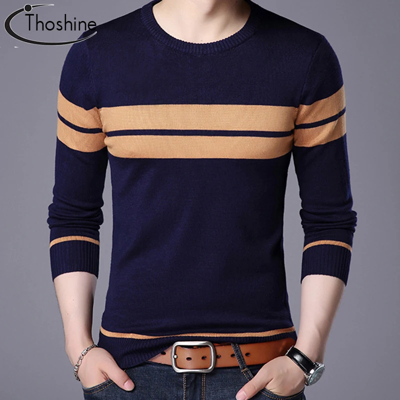 

Thoshine Brand Spring Autumn England Style Men Knitted Thin Sweaters Striped Casual Wool Pullovers Male Casual Long shirts Tops