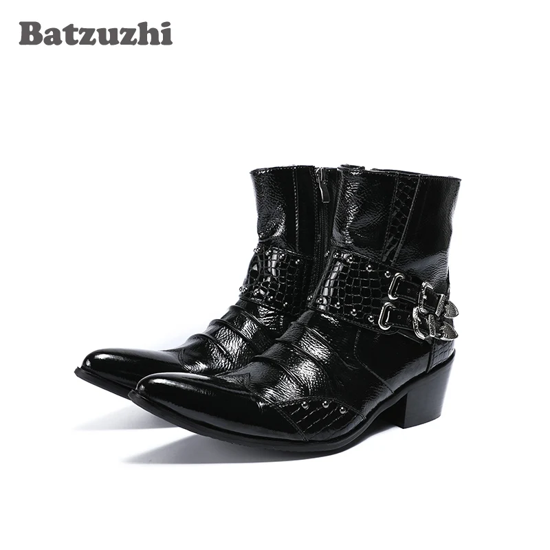 Batzuzhi Handmade Rock Men Boots Ankle Pointed Toe Black Genuine