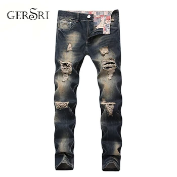

Gersri Hip Hop Patch Men Retro Jeans Knee Rap Hole Zipped Biker Jeans Men Loose Slim Destroyed Torn Ripped Denim Male Jeans