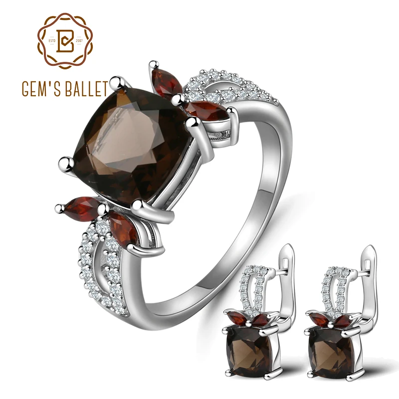 Серьги Клипсы из серебра 925 пробы с натуральным дымчатым кварцем и гранатом|jewelry