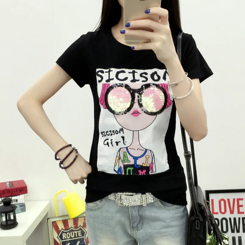 

Summer Cotton Round Neck women's T-shirt Cartoon Girls Pattern Short-sleeve basic t shirt women Tops