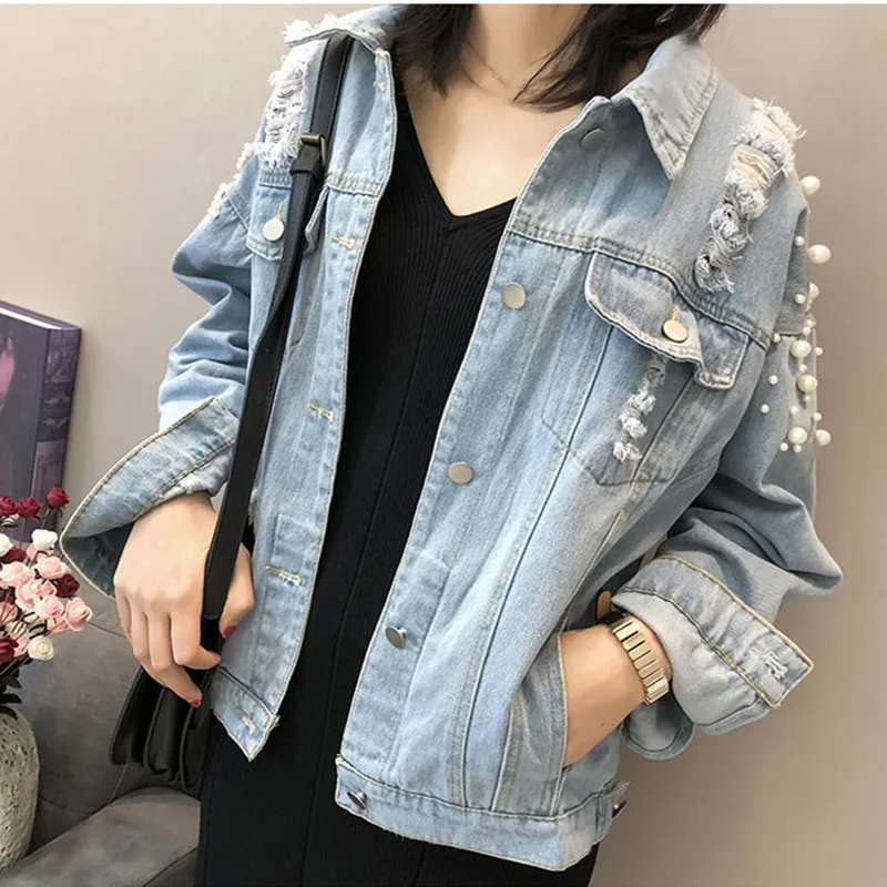 

2019 Spring Women Embroidery Flowers Long Sleeve Denim Jacket Turn-Down Collar Women's Fashion Flowers Pearl Bead Jeans Coat