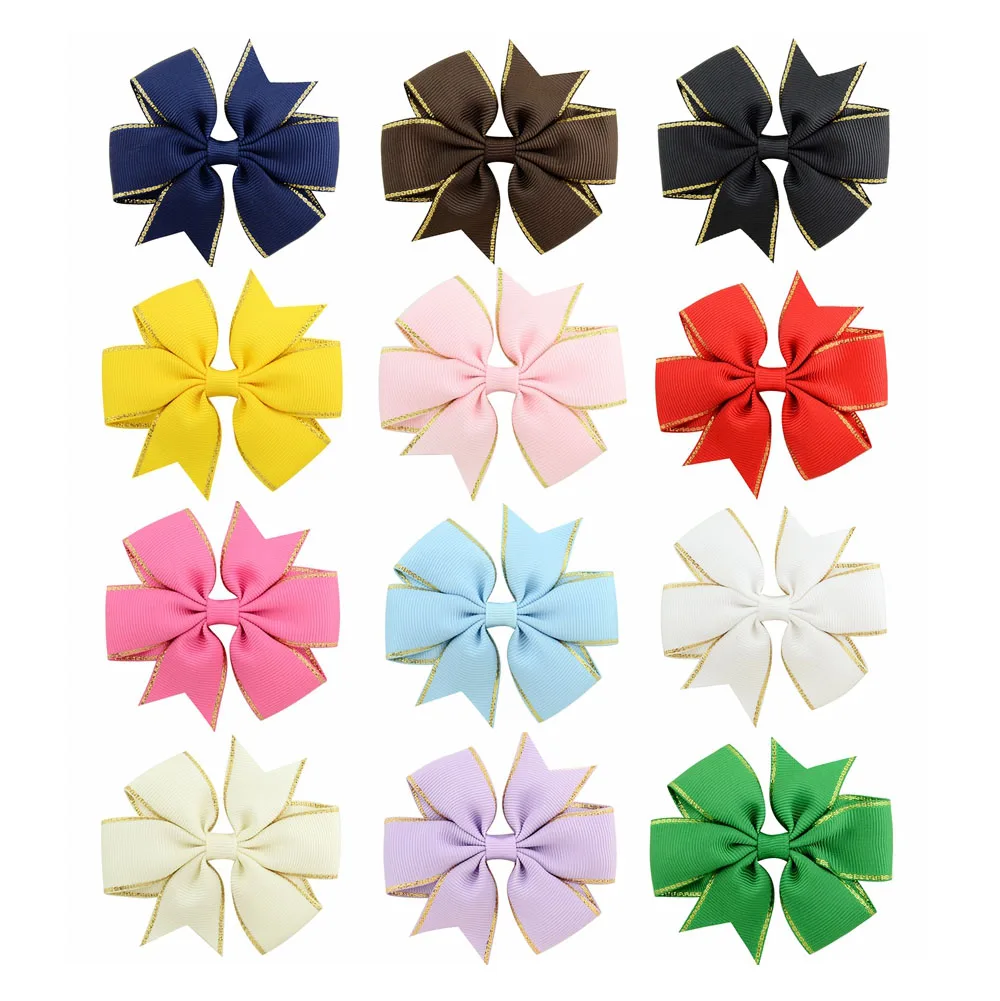 

12Pcs/lot Beauty 3.15 Inch Solid Gold line Grosgrain Ribbon hair Bows Accessories Girl Hairpins Hair Ornaments 783