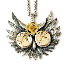 steampunk gothic punk rock owl watch parts movements metal gear necklace pendant chain men boy women chunky vintage jewelry gift