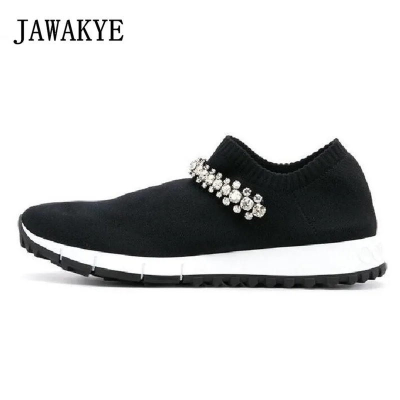 

2019 New Crystal Platform Flat Shoes Women Round toe platform heel Slip on Casual Shoes Black White Elastic Loafers Shoes Woman