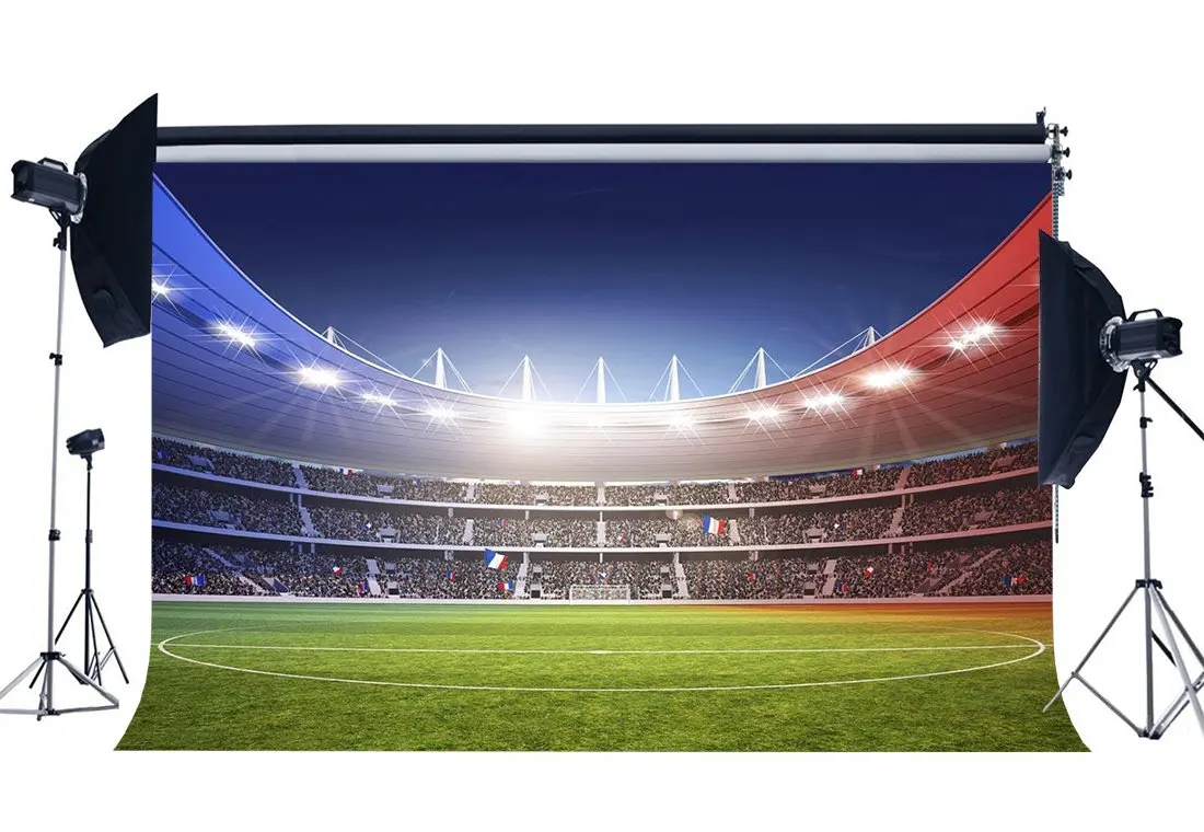 Football Field Backdrop Shining Stage Lights Crowd Green Grass Meadow