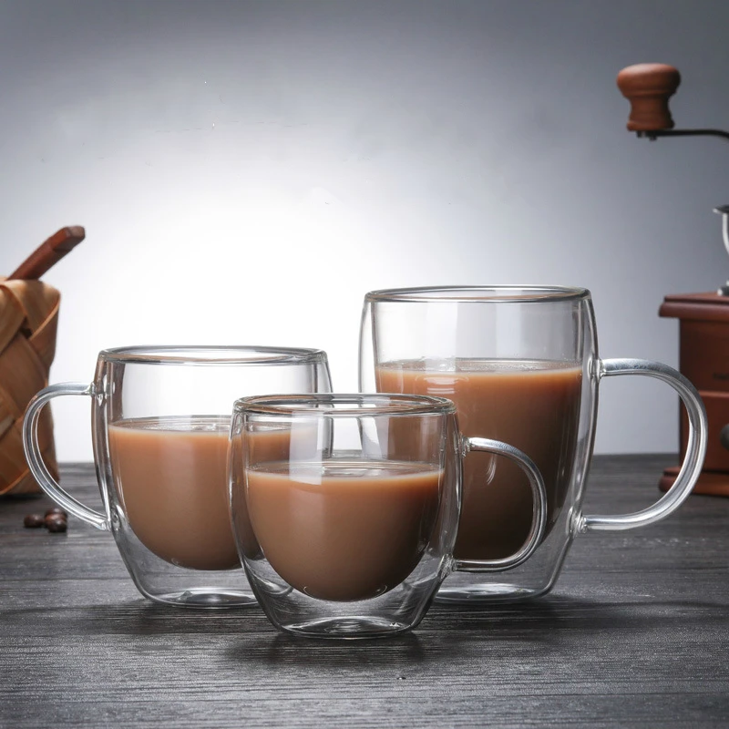 

European double-layer coffee mugs Creative egg-shaped handle coffee cup Transparent double glass cups and mugs