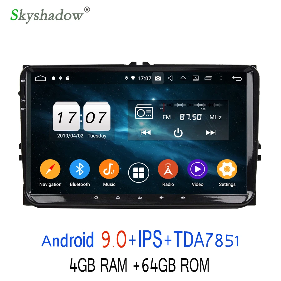 Excellent 9" HD Android 9.0 64GB ROM 8 Core for VW Volkswagen Universal Car DVD Player GPS Glonass RDS Radio wifi Bluetooth steering wheel 3