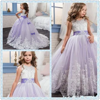 

2019 Beautiful Purple and White Flower Girls Dresses Beaded Lace Appliqued Bows Pageant Gowns for Kids Wedding Party