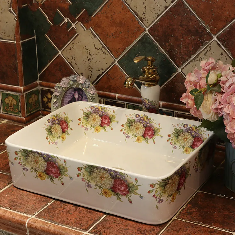 

Europe Vintage Style Ceramic Washing Basin Counter top ceramic sink rectangular rose pattern ceramic wash basin Bathroom Sink