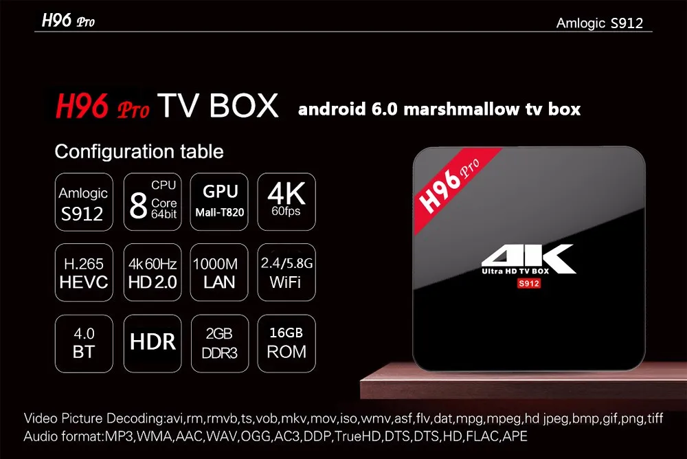 Android 7,1 tv Box H96 pro AML S912 Восьмиядерный 2G+ 16G 2,4G/5,8G Wifi BT4.0 4K* 2K Lan: 1000M медиаплеер