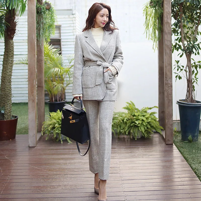 

New arrival women professional temperament fashion plaid suit work style trend pant comfortable thick warm outdoor pant suits