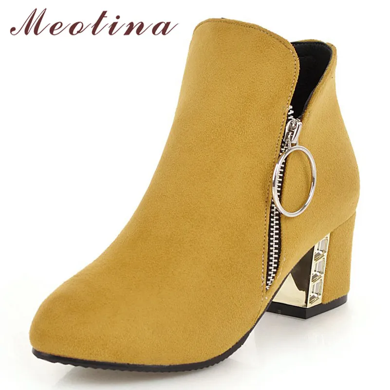 

Meotina Women Boots Fall Ankle Boots Zipper Square High Heels Short Boots Square Toe Shoes Lady Winter Big Size 3-12 Botas mujer