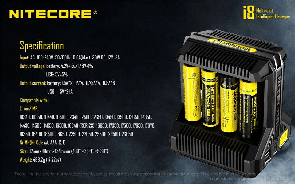 Nitecore i8 интеллектуальное зарядное устройство 8 слотов 4A выход смарт-зарядное устройство для IMR18650 16340 10440 AA AAA 14500 26650 и USB