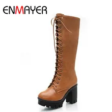 ENMAYER Black Yellow BIG SIZE 34-43 Lace-Up Mid-Calf women boots shoes new Square heel High boots Winter fashion platform pumps цена ENMAYER Black Yellow BIG SIZE 34-43 Lace-Up Mid-Calf women boots shoes new Square heel High boots Winter fashion platform pumps цены онлайн