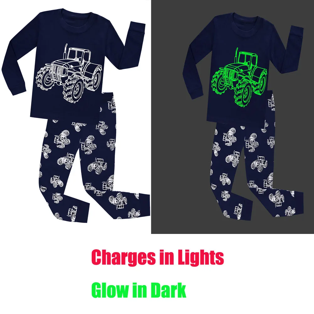 

Fashion Children Full Sleeve Glow in Dark Navy Truck Pajamas Boys Pyjamas Kids Pijamas Baby Glow in the Dark Pajamas Sets