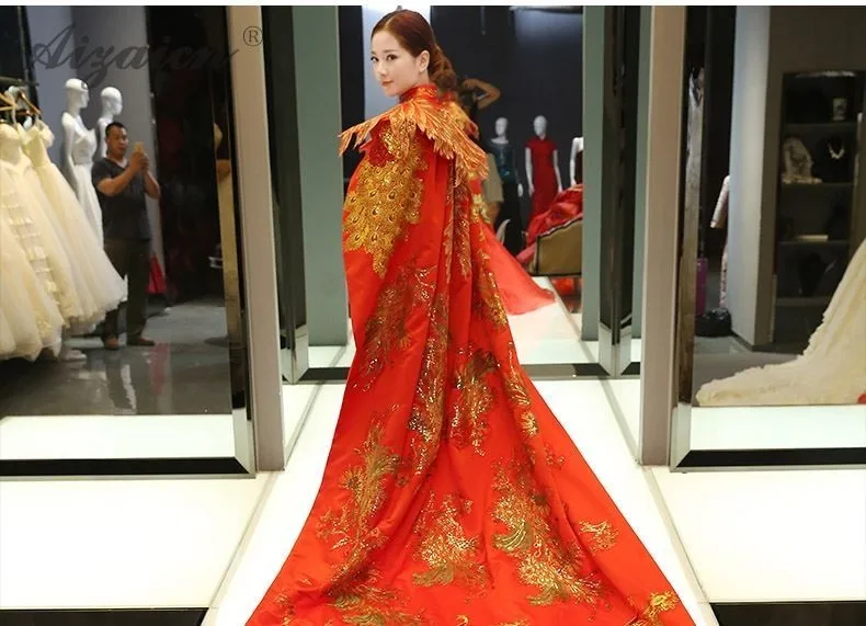 Древний китайский Феникс халаты невесты свадебные винтажные красные Вышитая Шаль для женщин трейлинг восточные женские зимние шали и