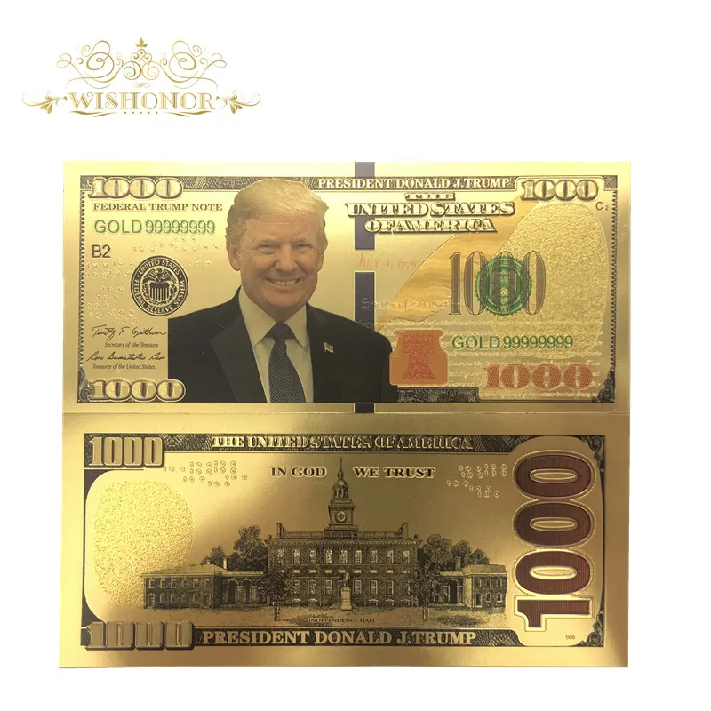 

Souvenir Gifts For 10Pcs/Lot For Nice USA Donald Trump Banknotes 1,000 Banknote in 24K Gold Gold Foil Paper Money For Gifts