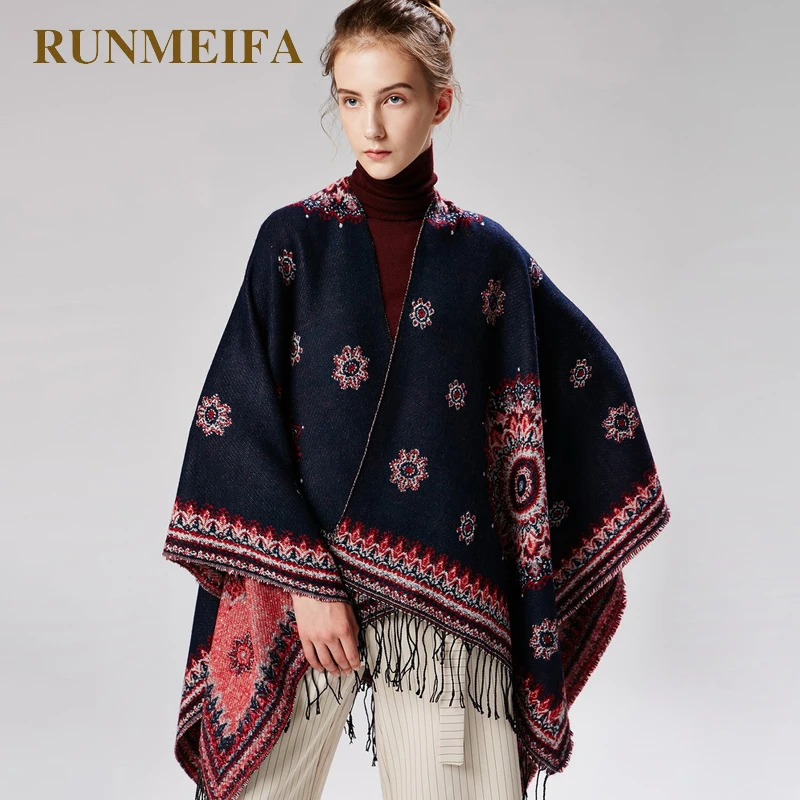 

2018 new design Ethnic style scarf poncho flowers pattern 7 colors Imitation cashmere cape shawl scarf for ladies tippet stock