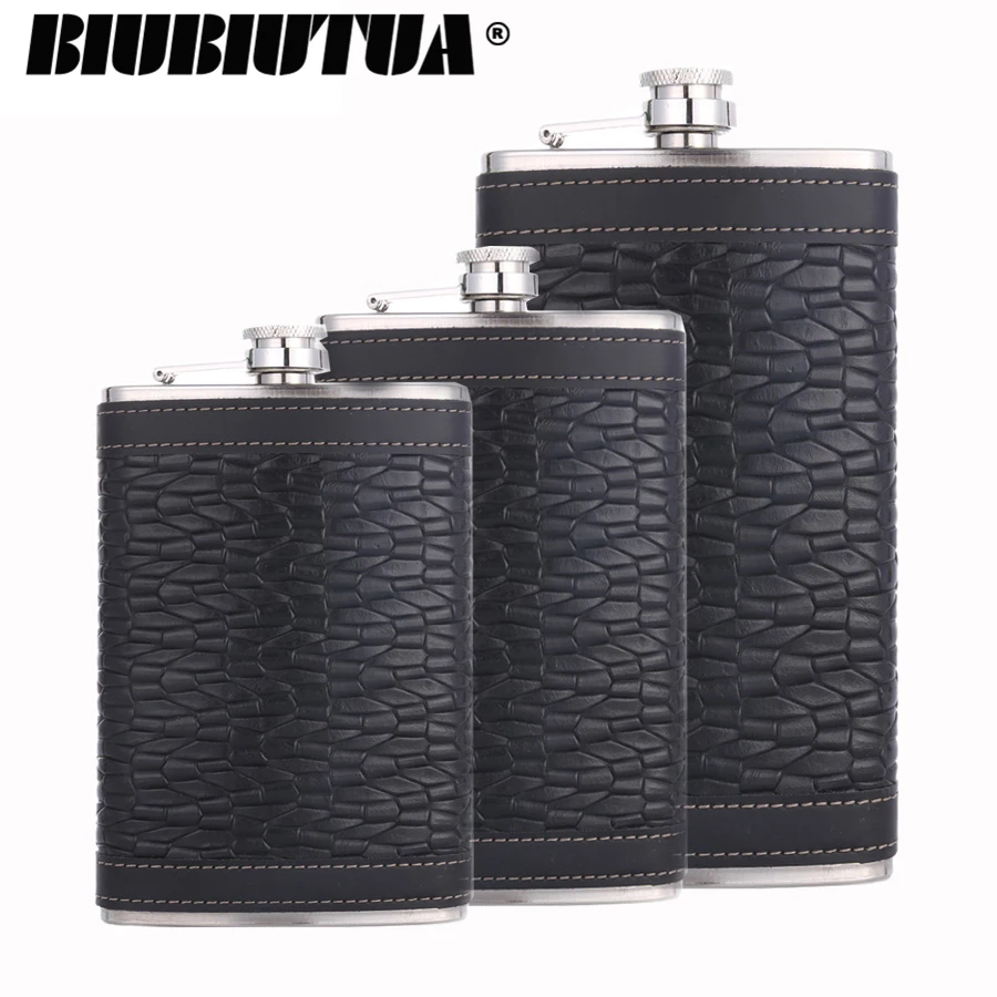 

BIUBIUTUA Personalized Alcohol Flask 9oz Black Fluted Leather Stainless Steel Portable Hip Flask Best Valentine's Day Gift Set
