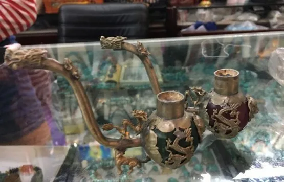 YM  308   Chinese Old Antiques Handmade Jade Copper Smoking PipE 3