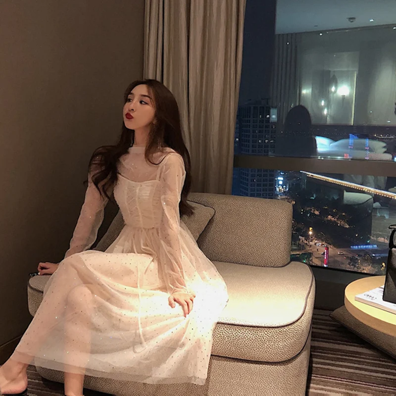 

Women's Clothing summer dress women Sequins sexy dress party long sleeve mesh spaghetti strap Dresses two piece set New hipster