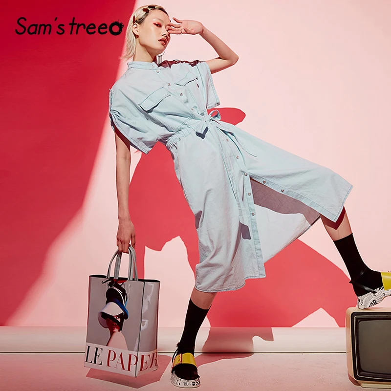 

Samstree Blue Solid Bow Front Polo Collar Minimalist Dress Women 2019 Summer Pockets Retro Buttons Office Ladies Daily Dress