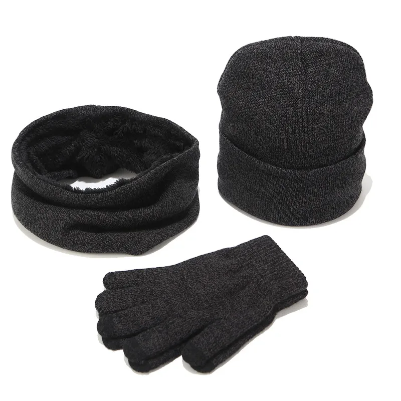 Модная зимняя шапка, шарф, перчатки для женщин и мужчин, флисовые шляпы, шейные теплые шапочки, шарфы, перчатки, 3 штуки, утепленные шапки Skullies - Цвет: Sets Dark grey