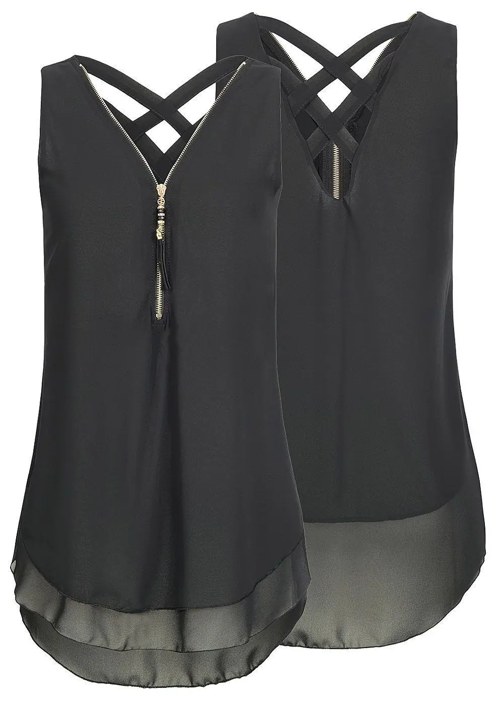 

2019 Summer New Solid Color Sleeveless Zipper Cross with Chiffon Shirt Tassel Short Zipper Sleeveless Chiffon Ladies Shirt