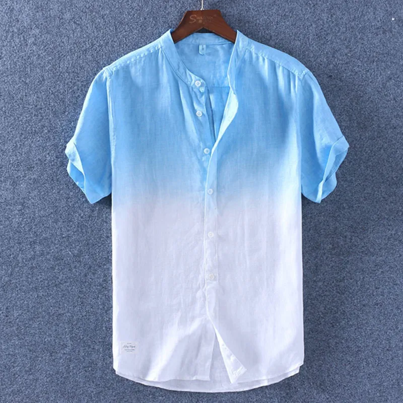

2019 New Summer Cotton Linen Shirt Men Short Sleeve Slim Stand Collar Comfortable Shirts Gradient High Quality Undershirs Male