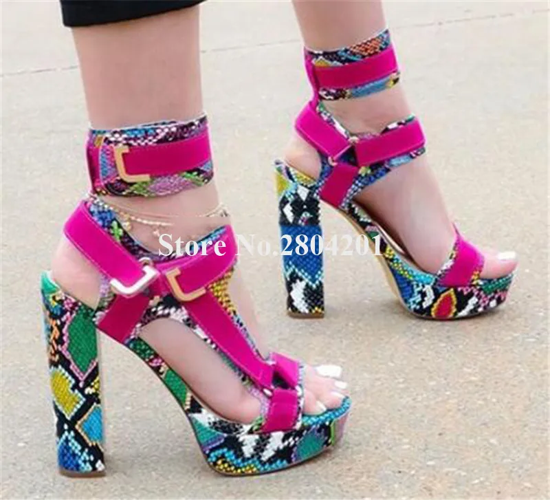 

Summer New Fashion Women High Platform Chunky Heel Gladiator Sandals Ankle Wrap Buckles Patchwork High Heel Sandals Dress Heels