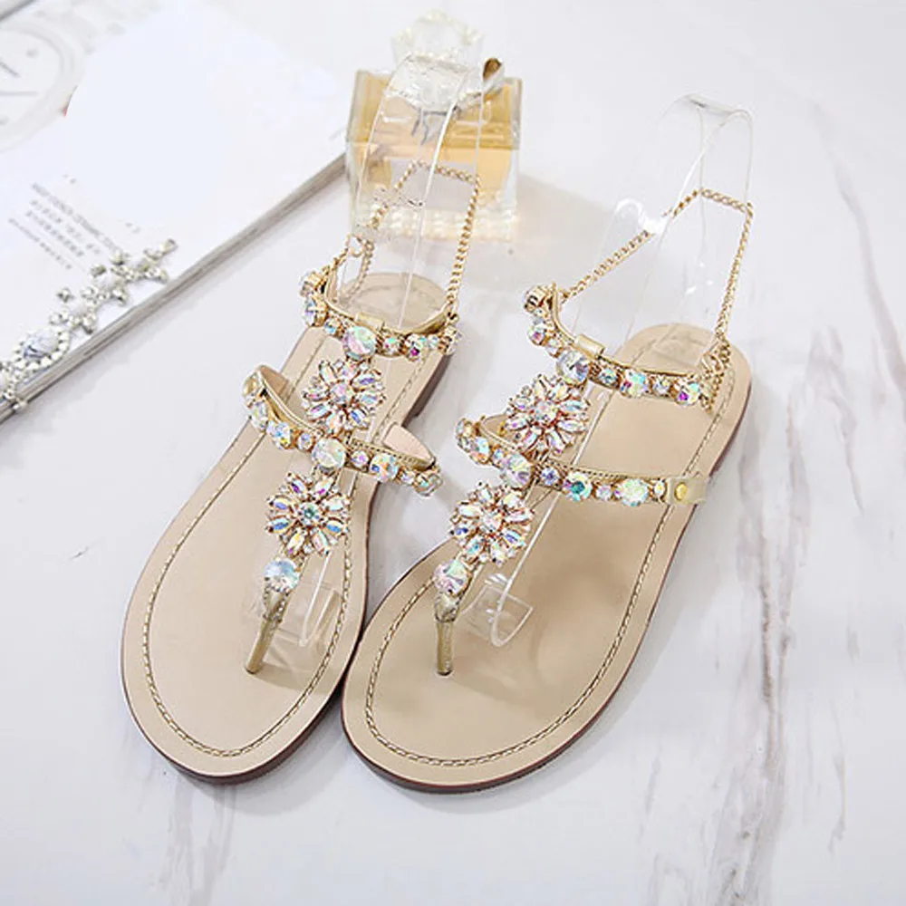 

2018 Summer new mother Sandals fashion ladies Womens Flat Shining Rhinestones Chain Sandals T-strap Comfortable Shoes