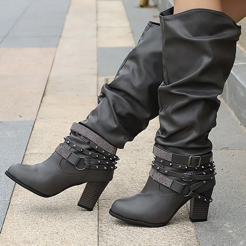 mid calf leather boots with heel