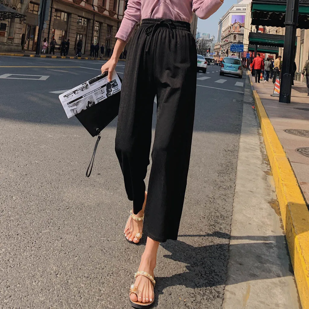 

2019 Summer Women Loose Long Pants Solid Cotton Linen Casual Wide Leg Long Pants Elastic Waist Female Beach Trousers Pants