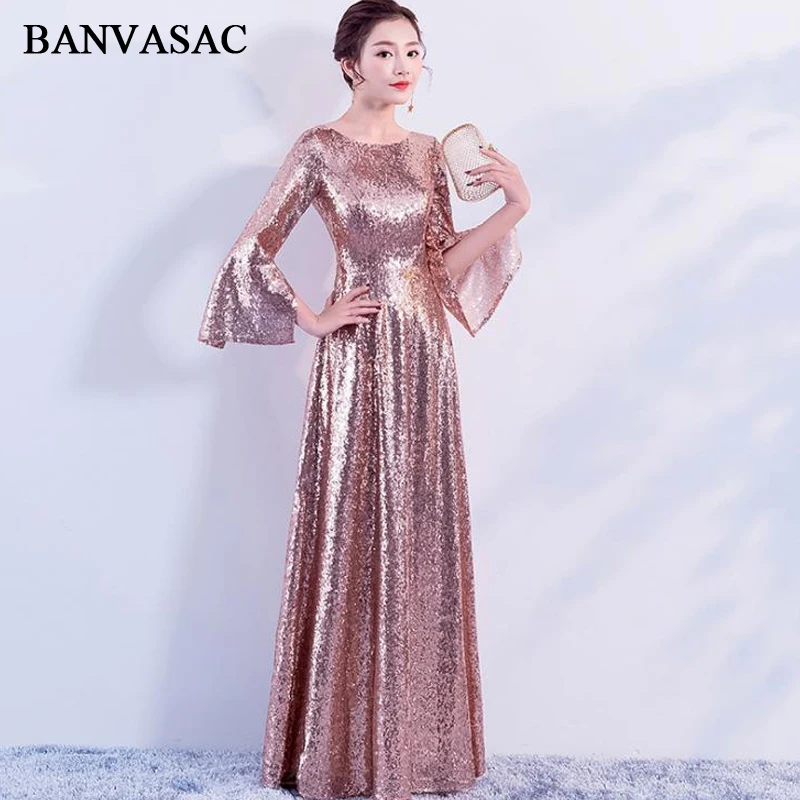 BANVASAC 2018 Длинные вечерние платья с круглым вырезом элегантные трапециевидного
