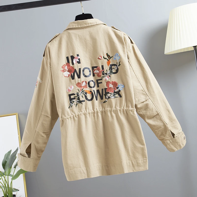 

Women Jacket Spring Autumn New Casual Long Sleeve Embroidery Windbreaker Female Basic Long Jacket Coat Big size Ladies Outerwear