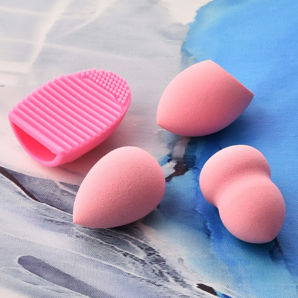 4pcs Sponge Makeup Puff Set Plus Silicone Makeup Brushes Cleaner Pink