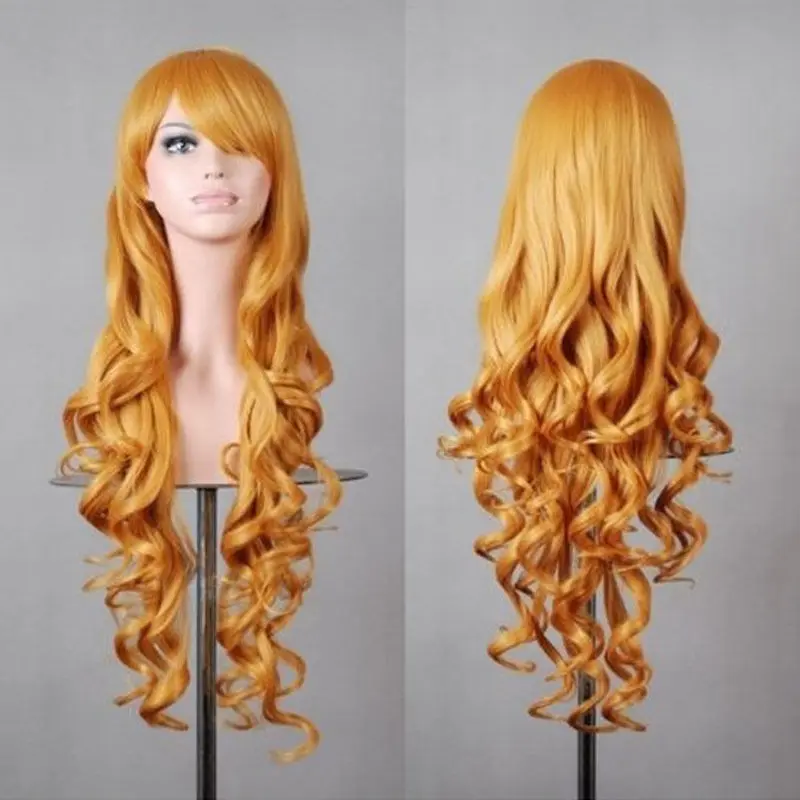 FREE SHIP&gt&gt&gt80CM Long Curly Synthetic Hair Women's Lolita Party Yellow Gold Full Cosplay Wig |