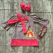Осеннее платье в клетку для маленьких девочек на День Благодарения; ярко-розовое, коричневое, волнистое праздничное платье; тканый бутик детской одежды; аксессуары
