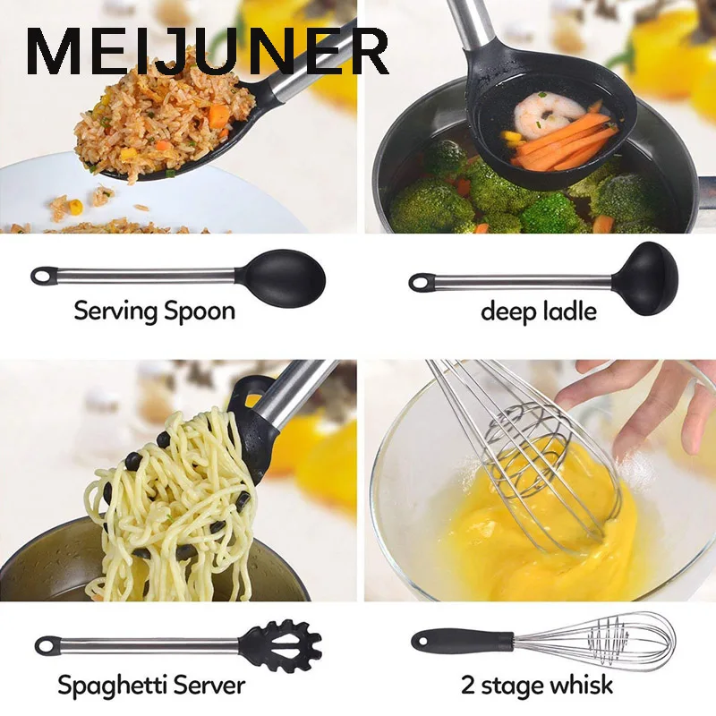 Meijuner 9Pcs Kitchen Silicone Tools Cook Tools Kitchen Gadgets Cooking Tool Egg Beater Spoon Spatula Brush Kitchenware MJ272