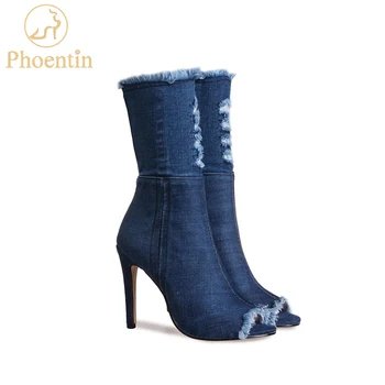 

Phoentin peep toe denim boots women super high thin heels broken hole zipper girls boots blue rough selvedge shoes women FT177