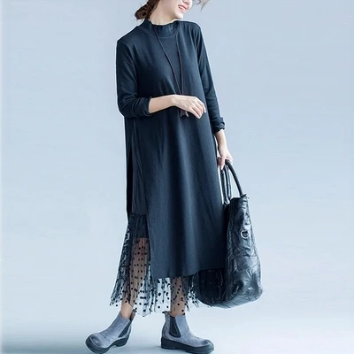 

Autumn Women's Vinage Dress Comfortable Double Layered Black Long Lace Dress Female Winter bottoming Dresses Big Sizes ZQ325